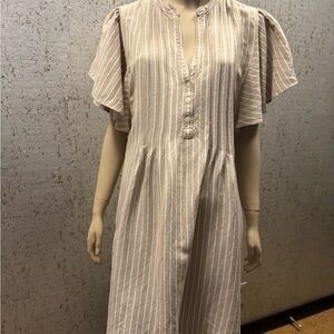 LOFT Tan & White Linen Blend  Striped Midi Dress